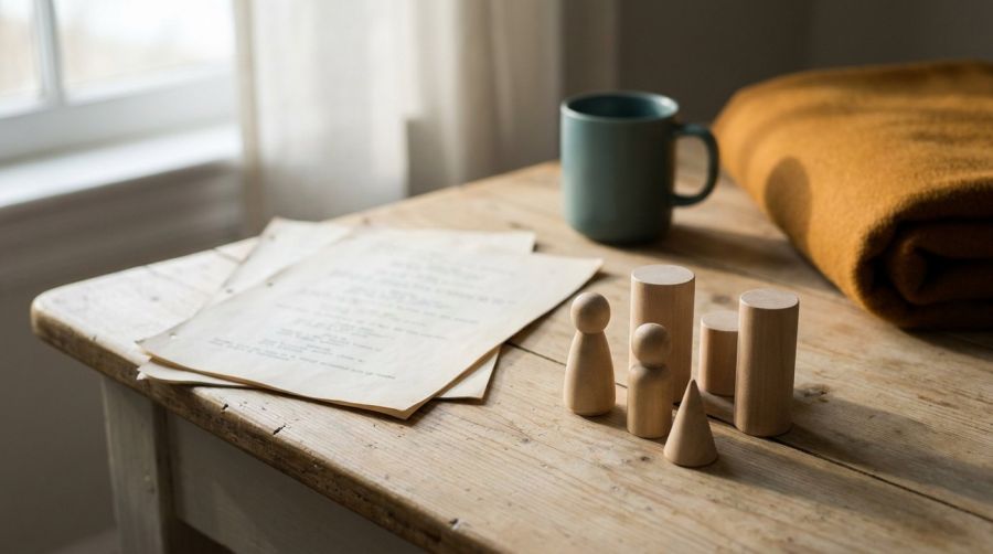 Drehbuchseiten und kleine Holzfiguren auf einem Schreibtisch