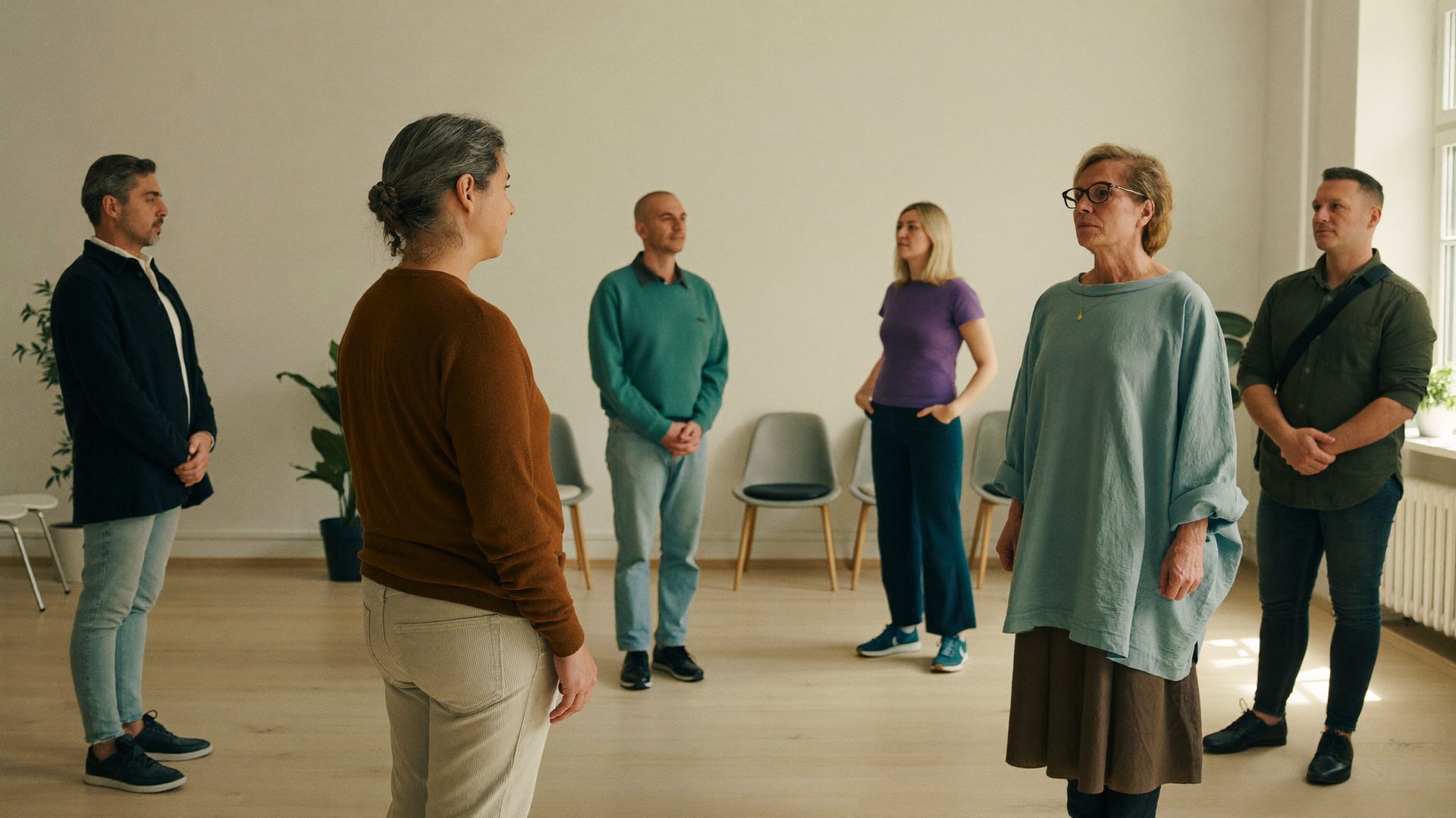 Aufstellungsgruppe im Seminarraum mit Stellvertretern und Leiterin