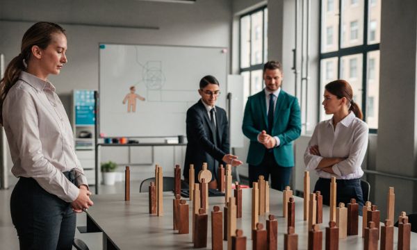 Organisationsaufstellung mit Holzklötzen im Büro