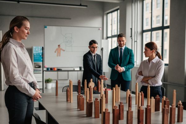 Organisationsaufstellung mit Holzklötzen im Büro