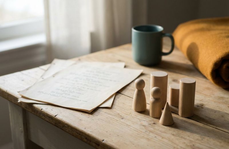 Drehbuchseiten und kleine Holzfiguren auf einem Schreibtisch